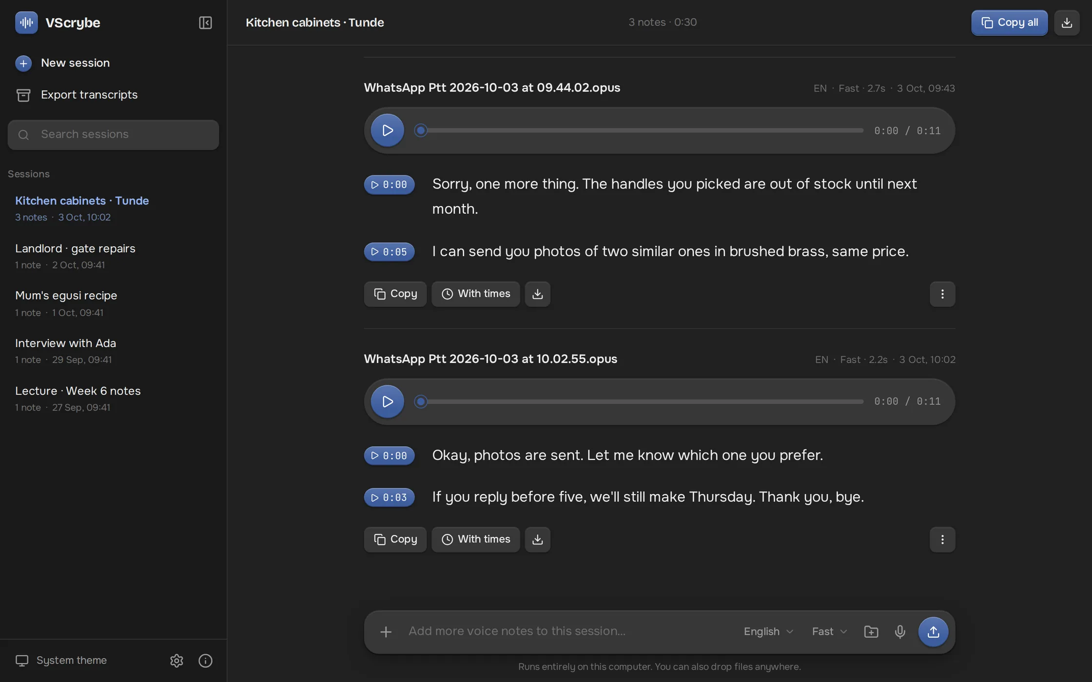 A VScrybe session of three WhatsApp voice notes, with timestamps beside every transcribed line