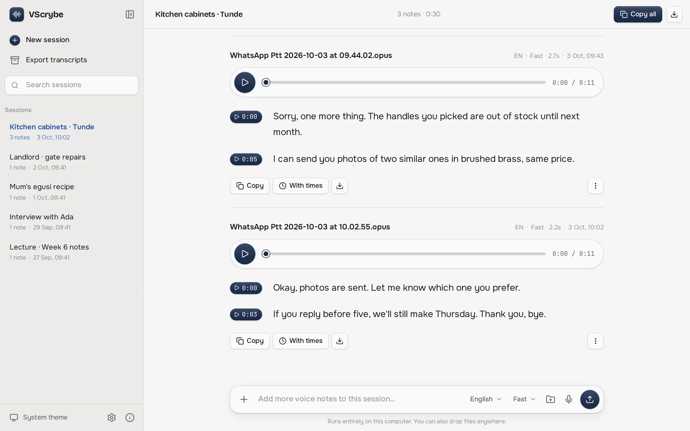 A VScrybe session of three WhatsApp voice notes, with timestamps beside every transcribed line