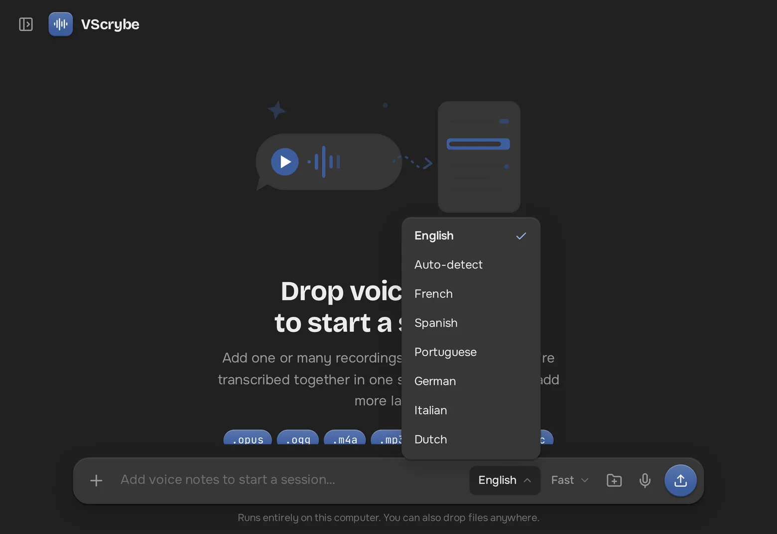 The language picker open, with English selected