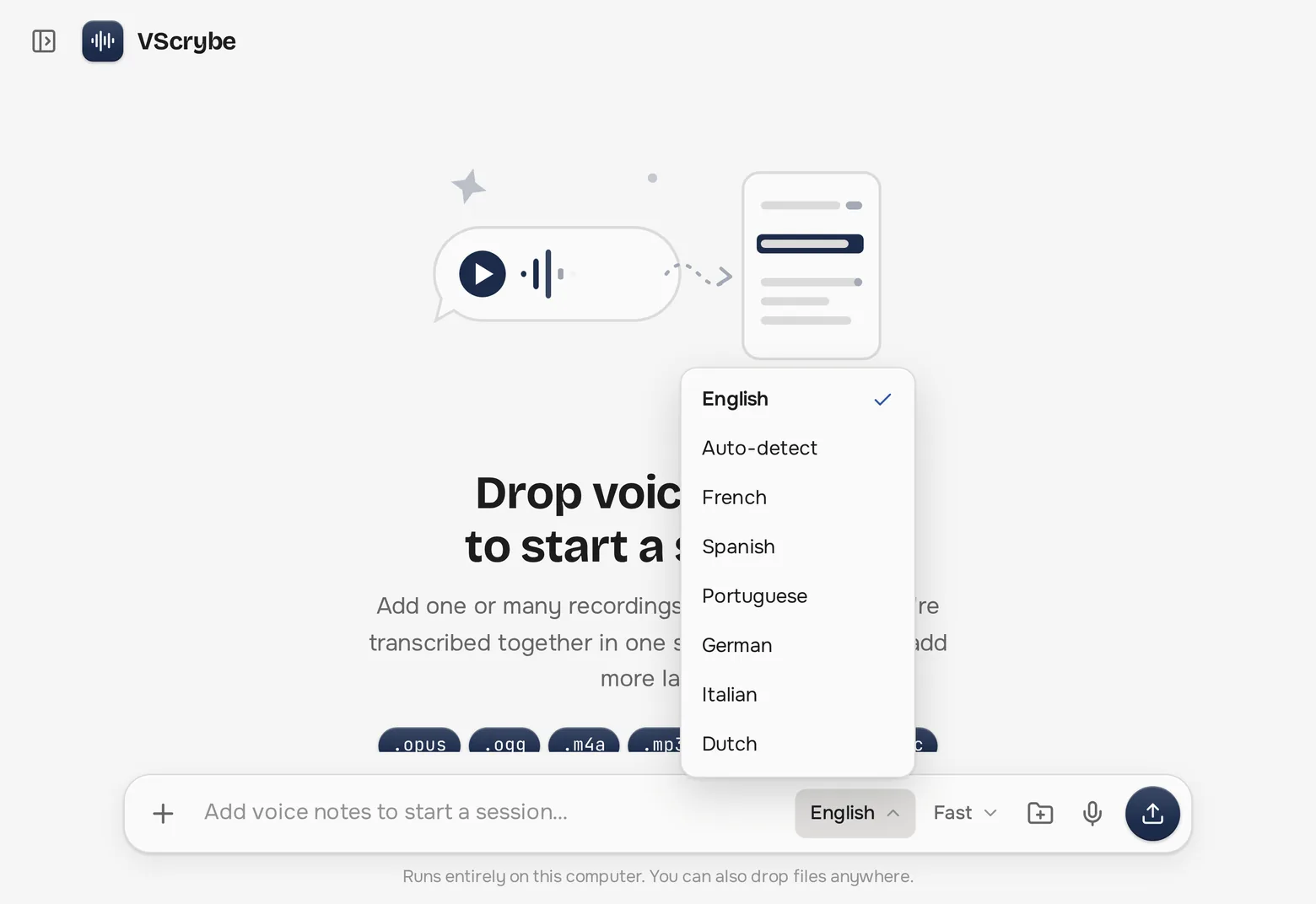 The language picker open, with English selected