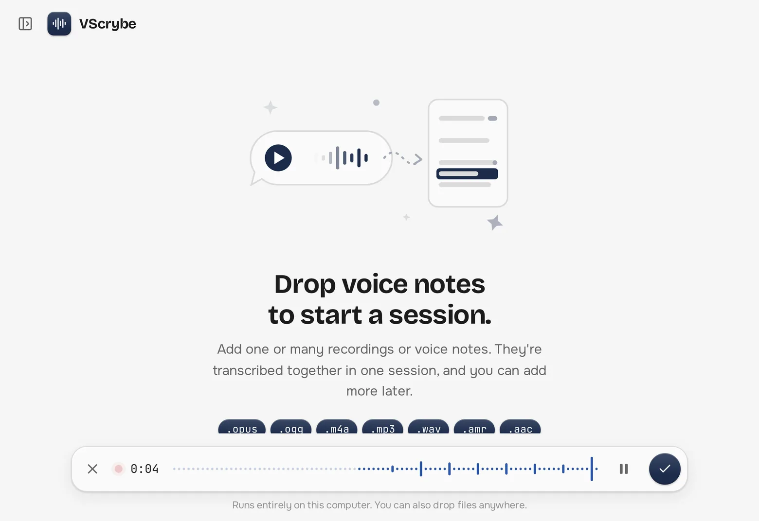 Recording a new voice note in VScrybe