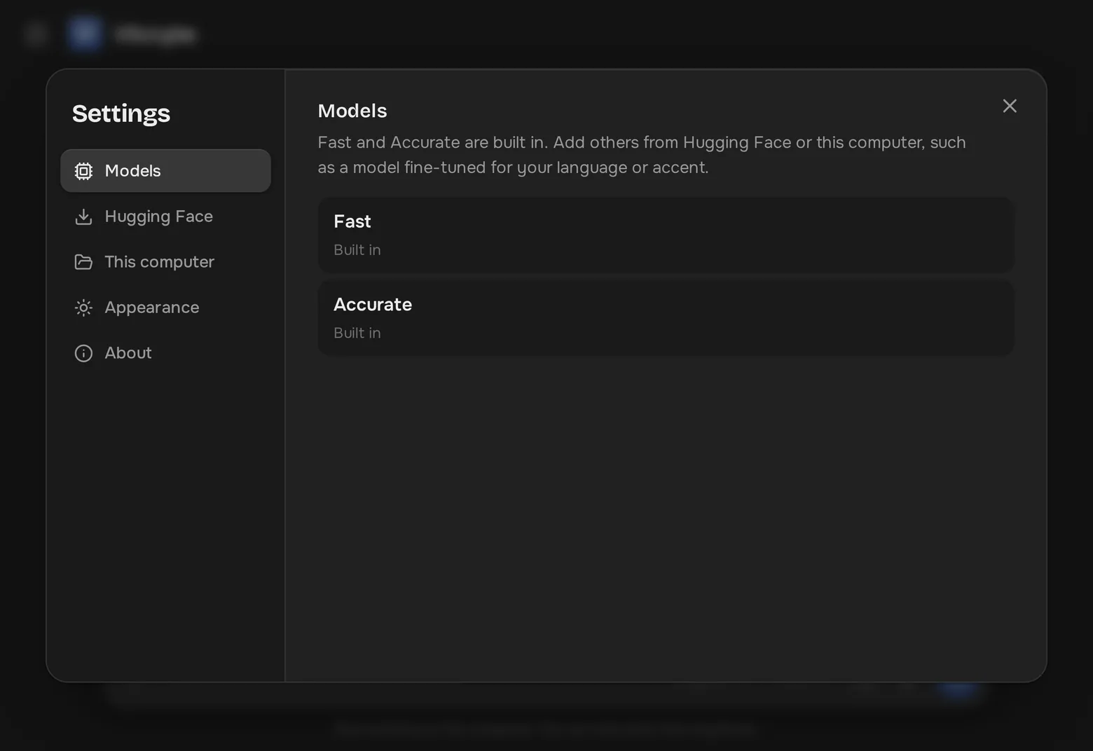 Settings showing the built-in Fast and Accurate models