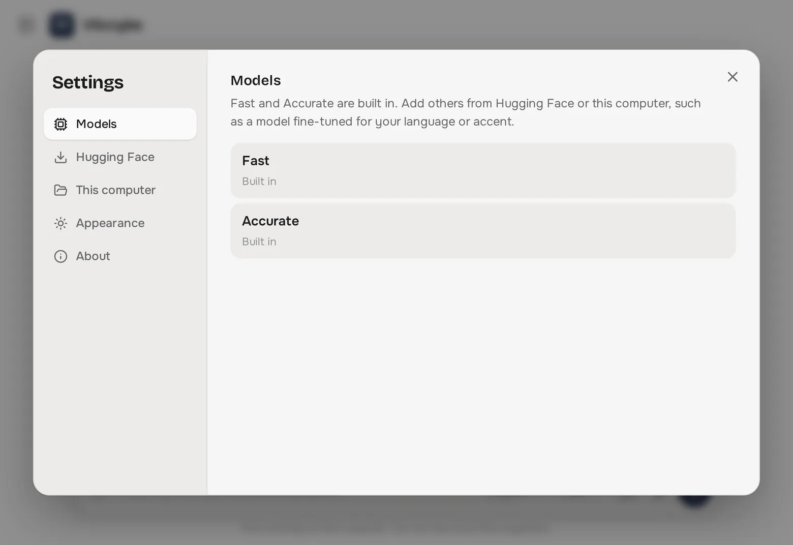 Settings showing the built-in Fast and Accurate models